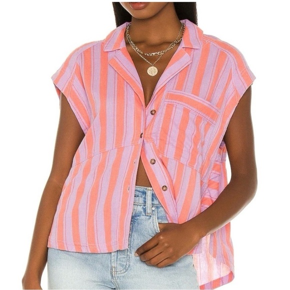 NWT Free People We the Free Play It Cool Linen Striped Shirt Sorbet Combo Size S - Picture 2 of 8